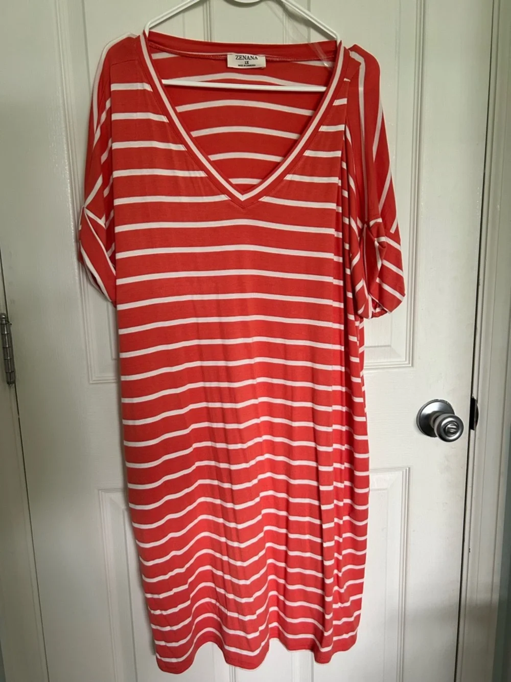 Zenana Outfitters Coral and White Striped V-Neck Midi Dress - Picture 2 of 3